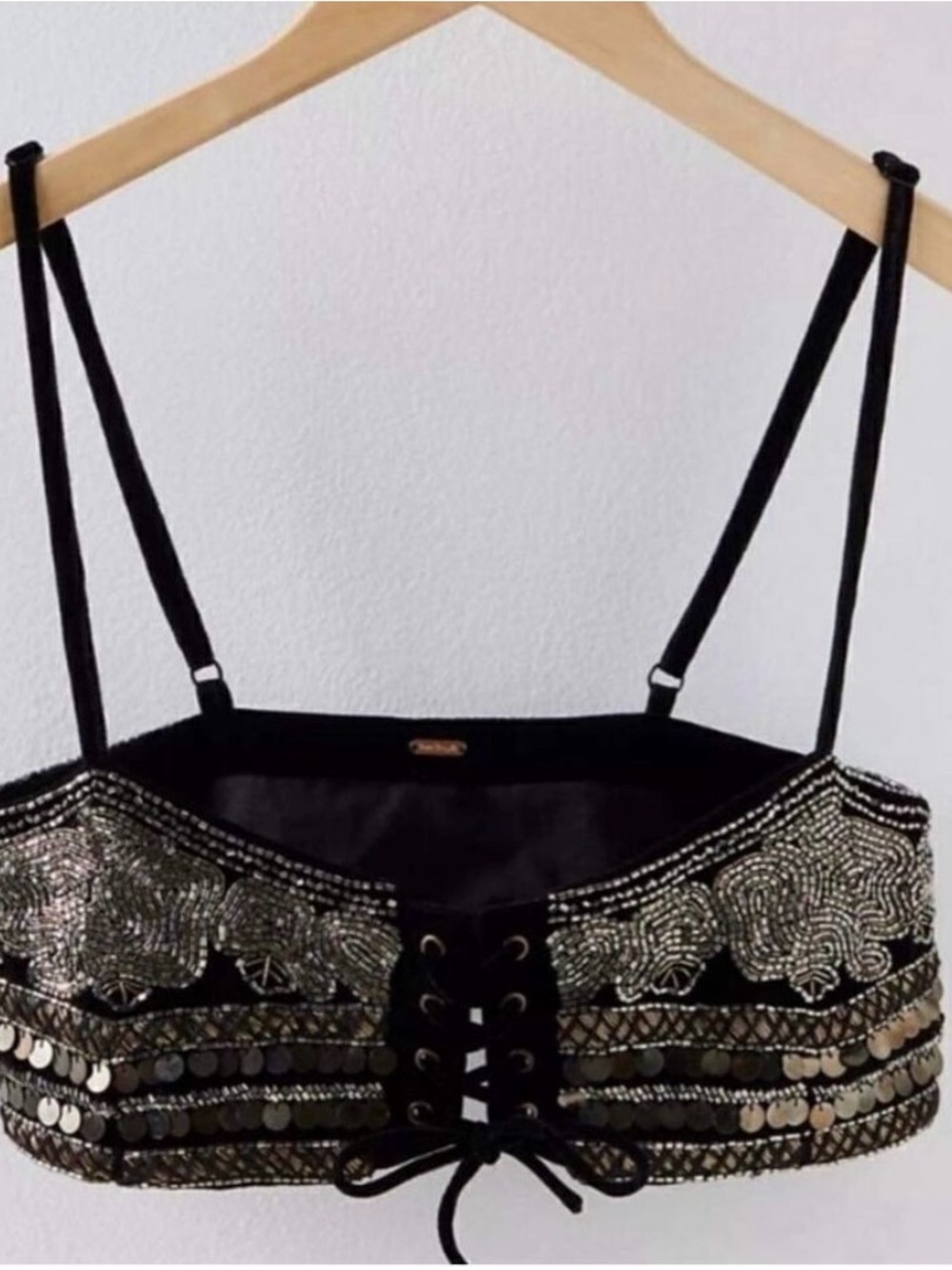 Free People Black Velvet Beaded Lace-Up Crop Top